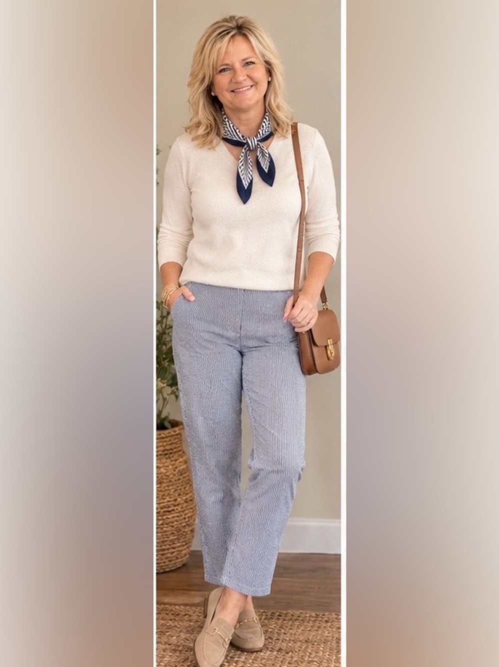 Jones New York Blue & White Pinstripe Straight-Leg Pants